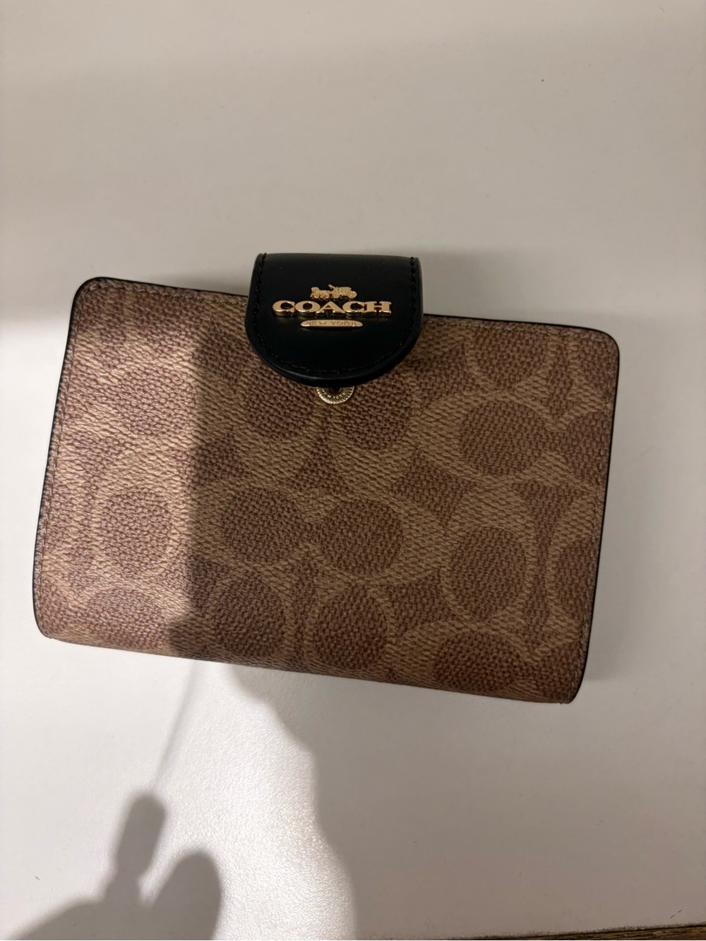 Coach Brown logo Tri-fold Leather Card Wallet zip  with ID Window new